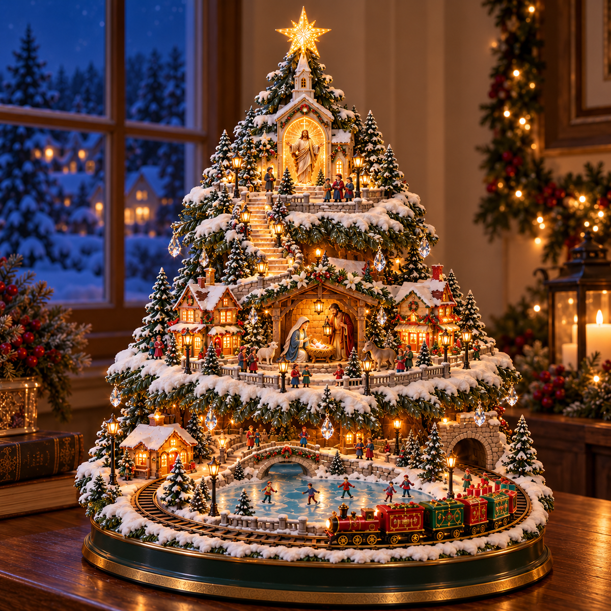 🔥LAST DAY 49%🔥OFF Lighted Christmas Village Tree with Train & Carousel