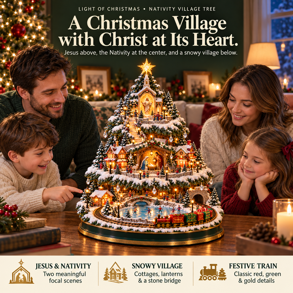 ✨LAST DAY 49% OFF Jesus, Light of Christmas — Illuminated Nativity Village Tree with Train