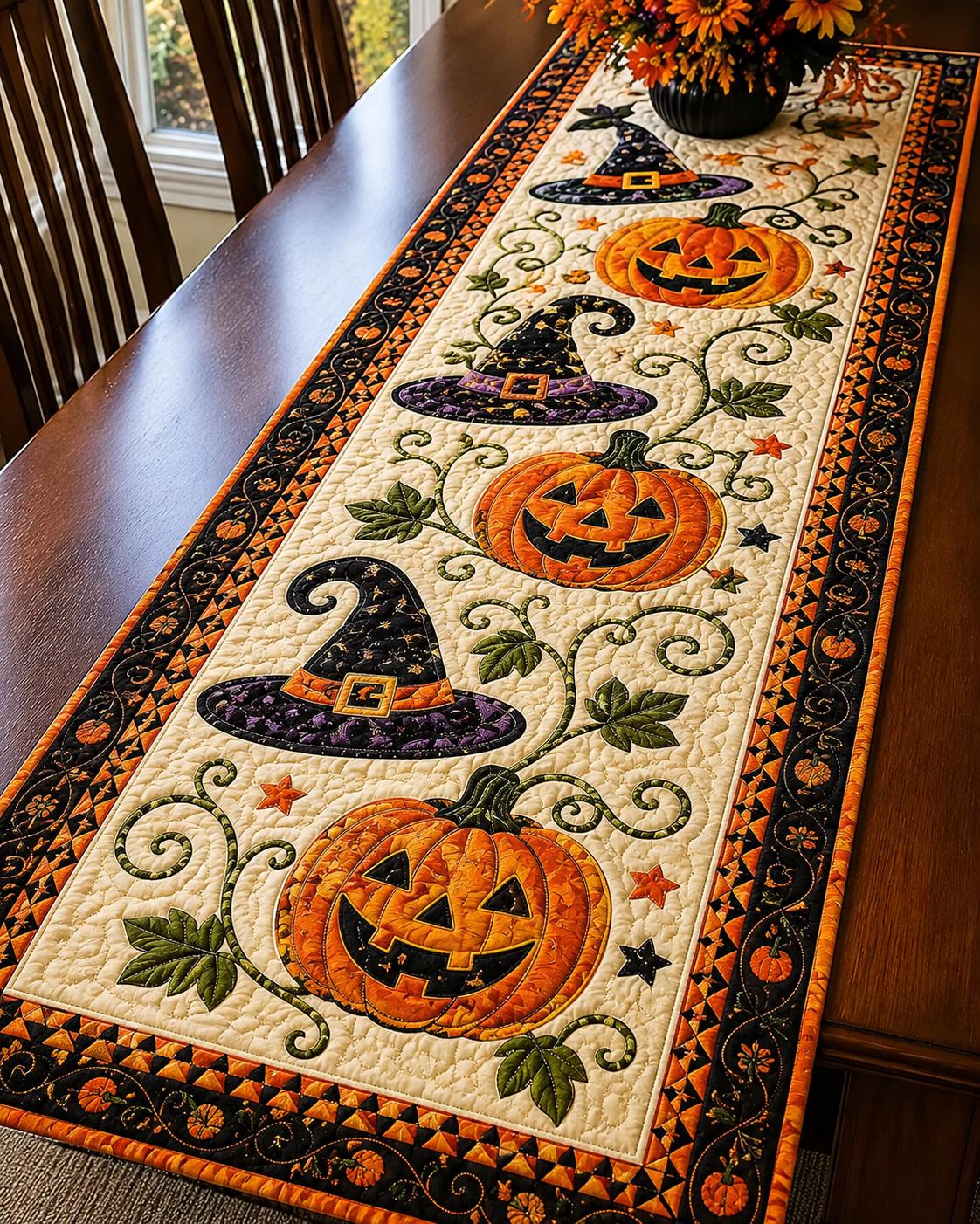 🎃 Halloween Pumpkin Quilted Table Runner – Cozy Fall Dining Decor for Seasonal Gatherings