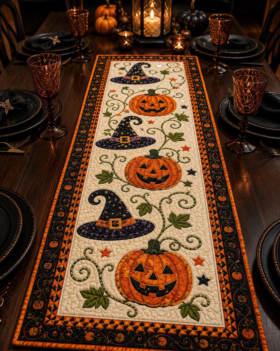 🎃 Halloween Pumpkin Quilted Table Runner – Cozy Fall Dining Decor for Seasonal Gatherings