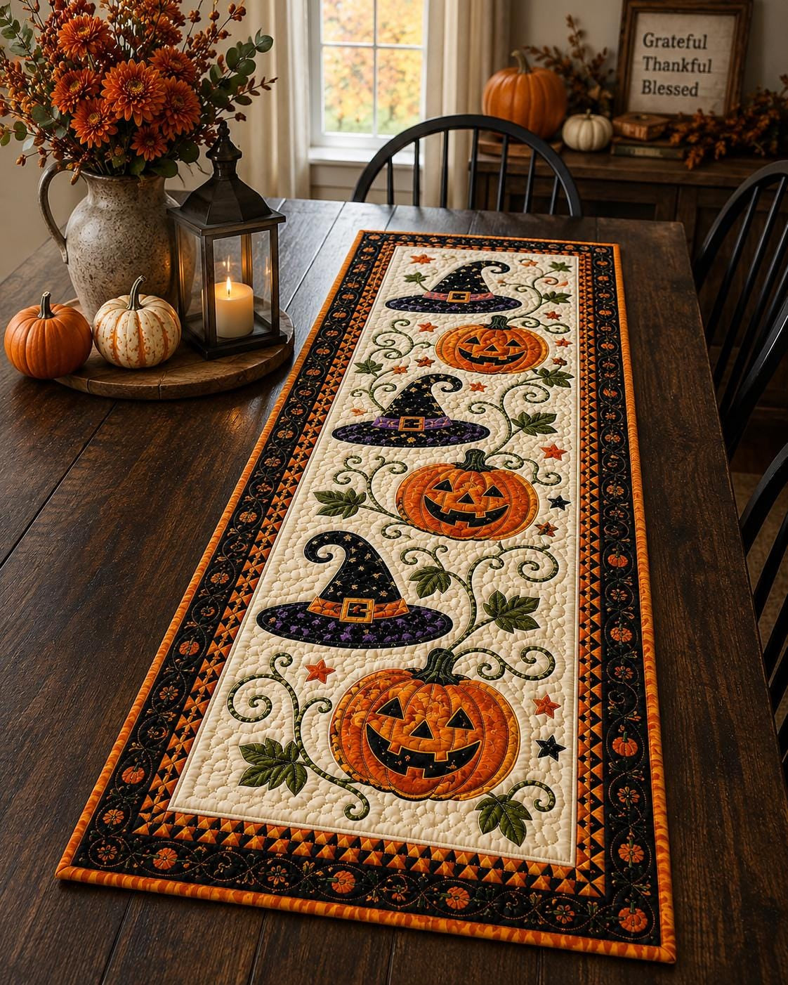 🎃 Halloween Pumpkin Quilted Table Runner – Cozy Fall Dining Decor for Seasonal Gatherings