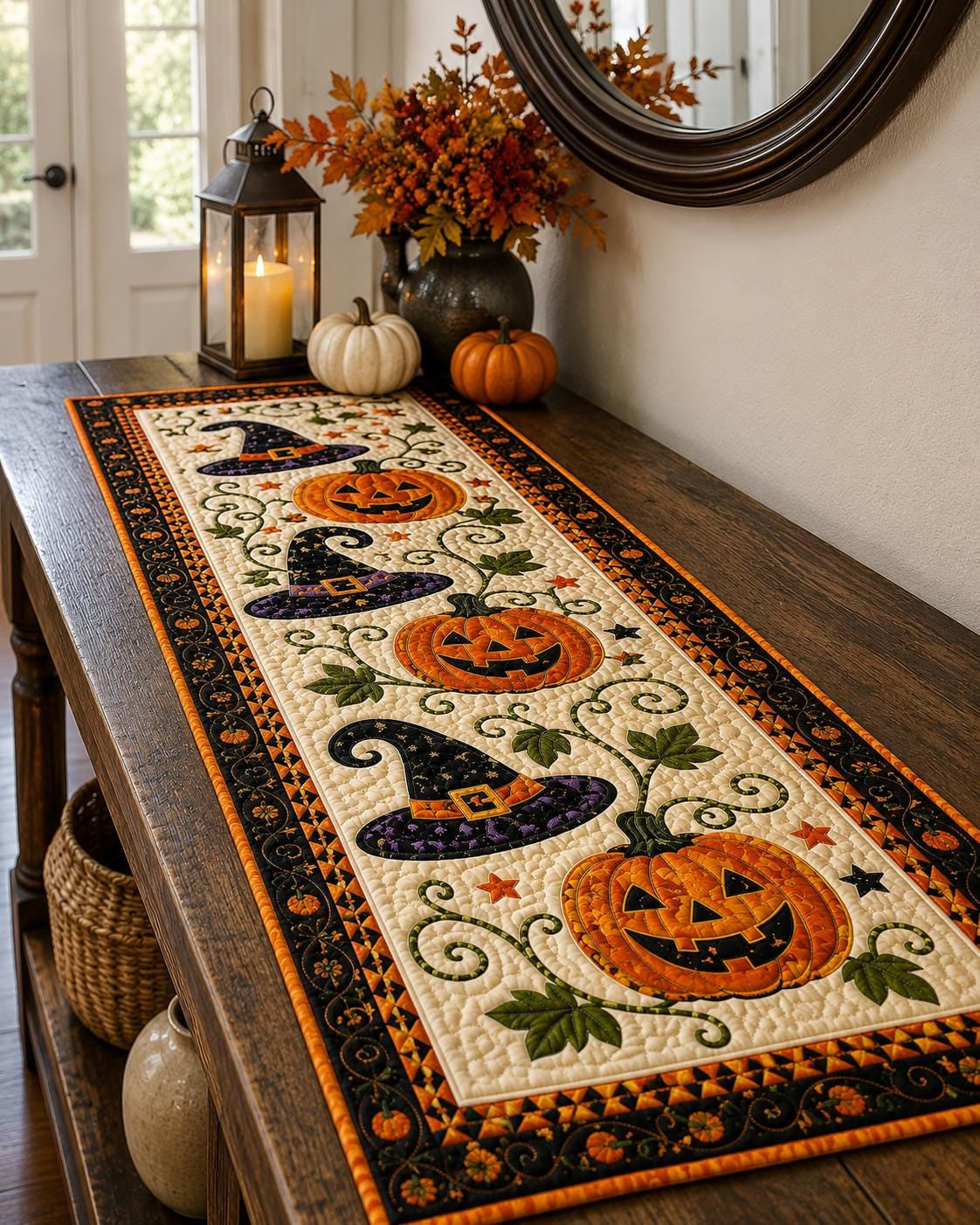 🎃 Halloween Pumpkin Quilted Table Runner – Cozy Fall Dining Decor for Seasonal Gatherings