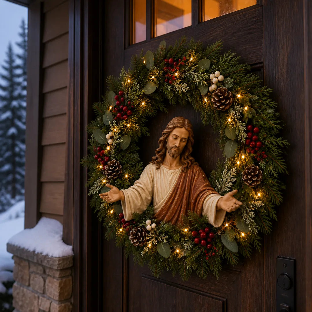 ✝️ Lighted Jesus Christmas Wreath – Faith-Centered Door & Wall Decor