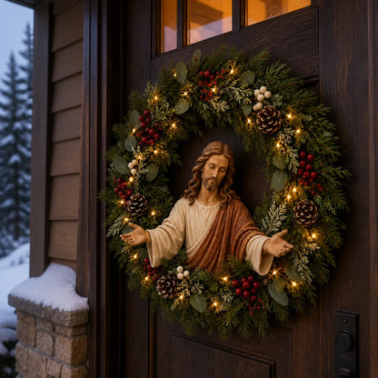 ✝️ Lighted Jesus Christmas Wreath – Faith-Centered Door & Wall Decor