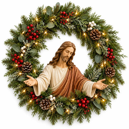 ✝️ Lighted Jesus Christmas Wreath – Faith-Centered Door & Wall Decor