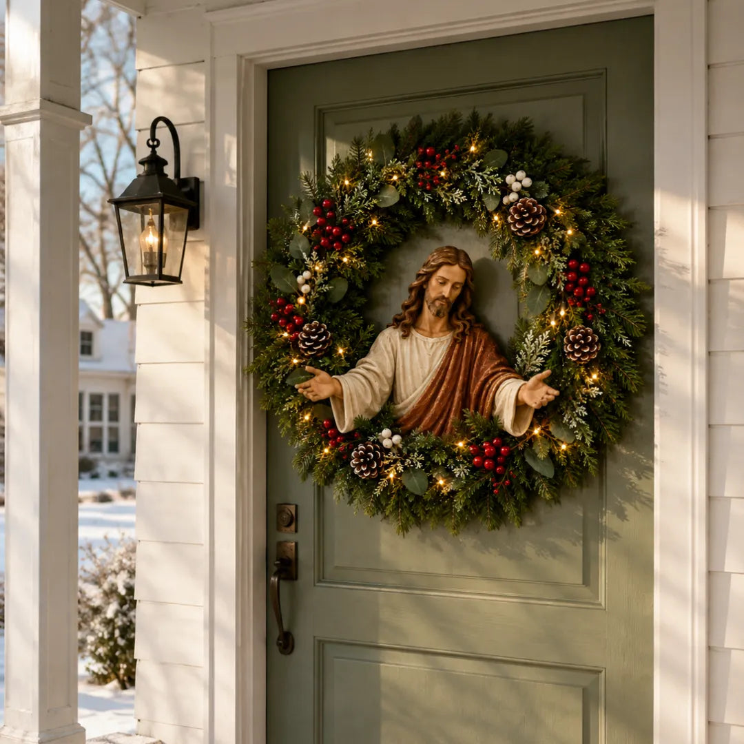 ✝️ Lighted Jesus Christmas Wreath – Faith-Centered Door & Wall Decor