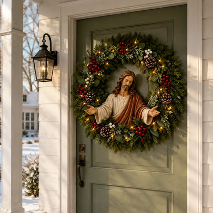 ✝️ Lighted Jesus Christmas Wreath – Faith-Centered Door & Wall Decor