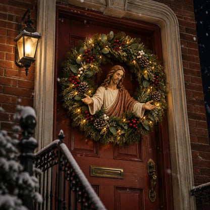 ✝️ Lighted Jesus Christmas Wreath – Faith-Centered Door & Wall Decor