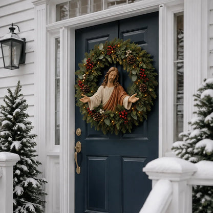 ✝️ Lighted Jesus Christmas Wreath – Faith-Centered Door & Wall Decor