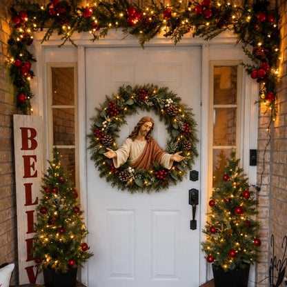 ✝️ Lighted Jesus Christmas Wreath – Faith-Centered Door & Wall Decor