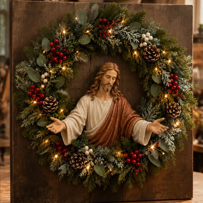 ✝️ Lighted Jesus Christmas Wreath – Faith-Centered Door & Wall Decor