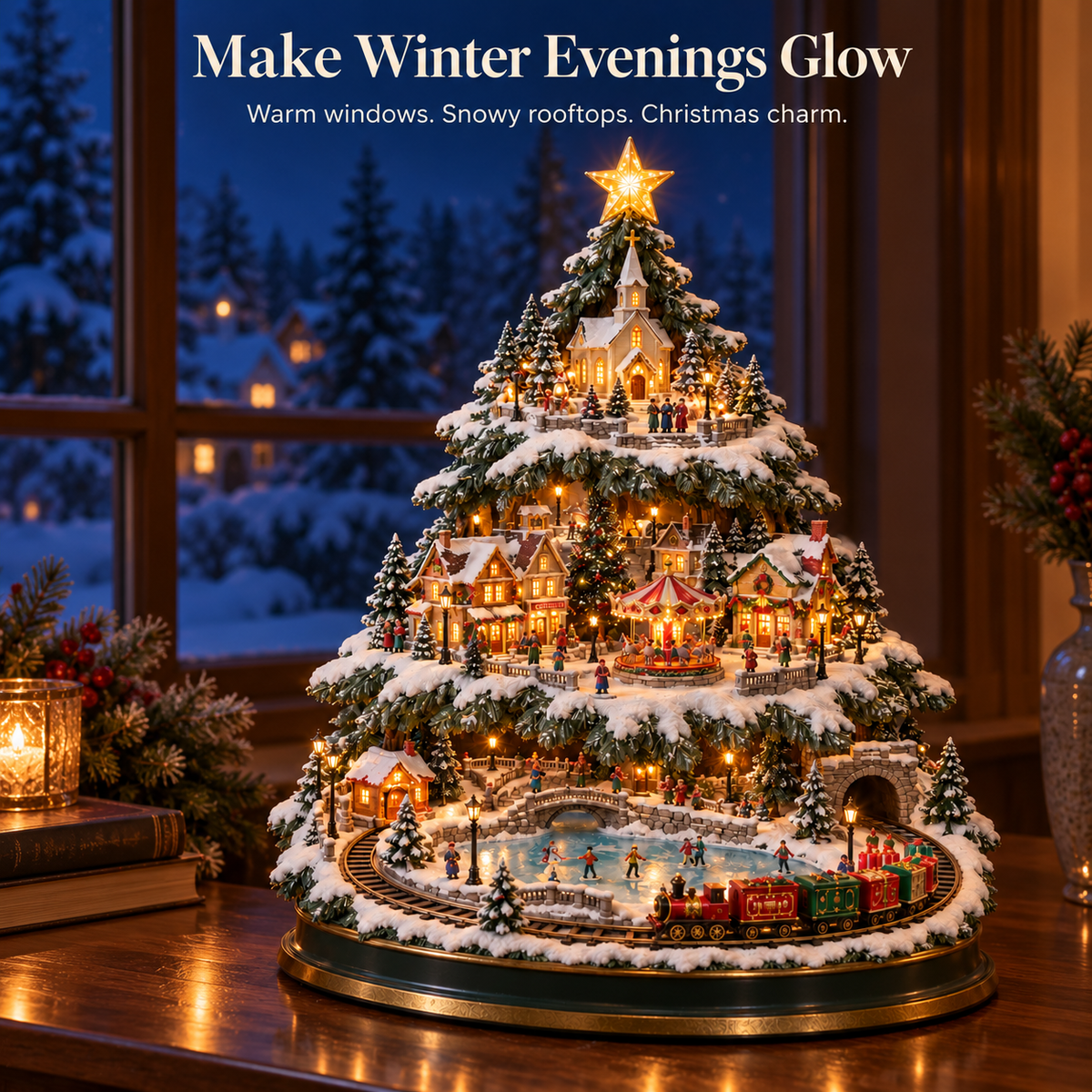 🔥LAST DAY 49%🔥OFF Lighted Christmas Village Tree with Train & Carousel