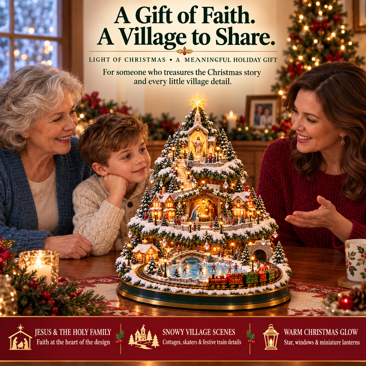 ✨LAST DAY 49% OFF Jesus, Light of Christmas — Illuminated Nativity Village Tree with Train