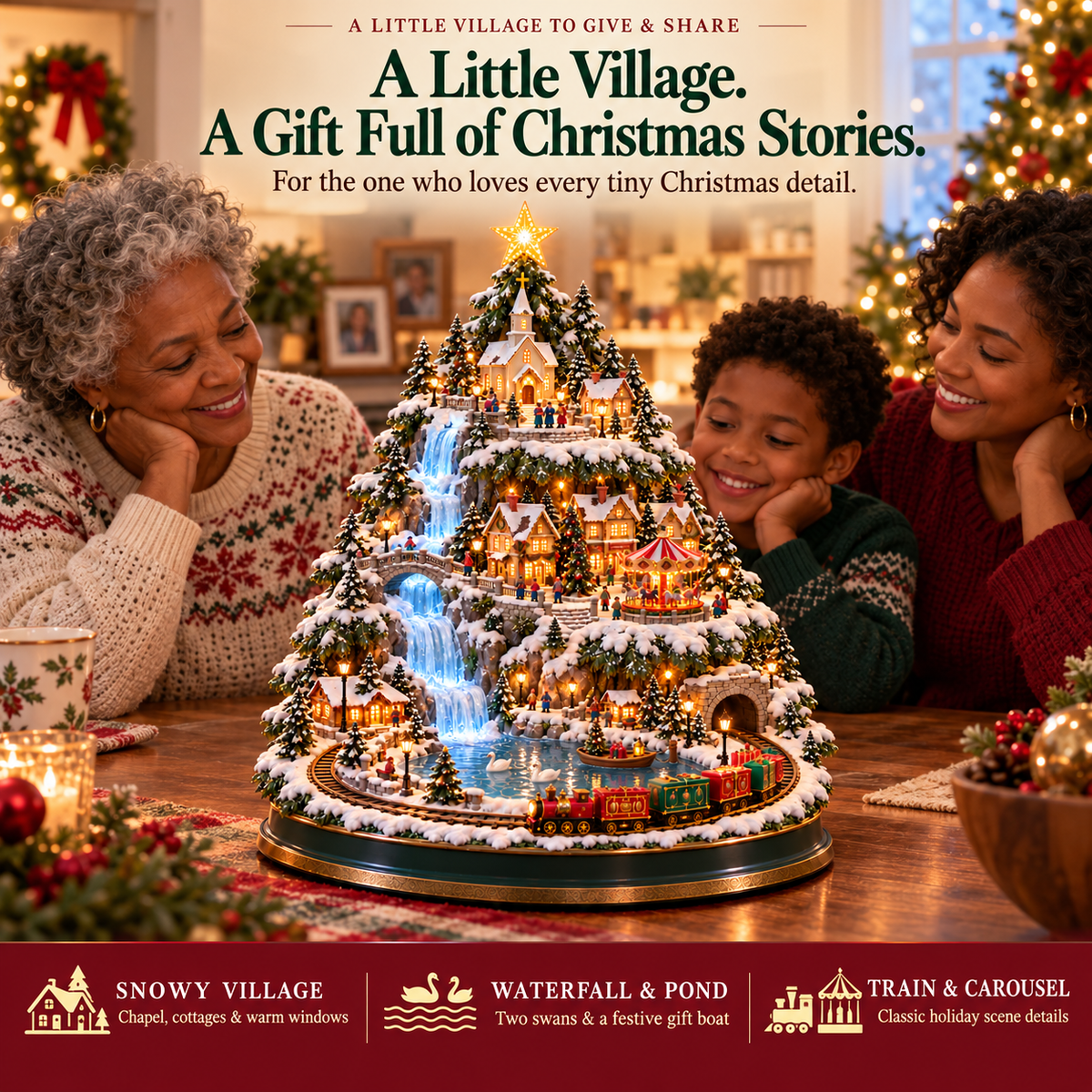🔥 Last Day 50% OFF 💧Winter Falls — Lighted Christmas Village Tree with Waterfall, Train & Carousel