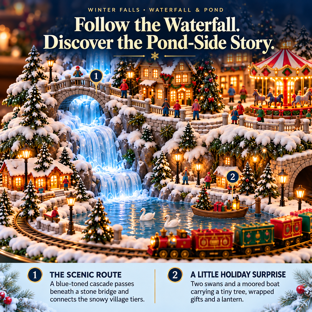 🔥 Last Day 50% OFF 💧Winter Falls — Lighted Christmas Village Tree with Waterfall, Train & Carousel