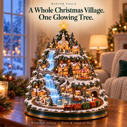 🔥 Last Day 50% OFF 💧Winter Falls — Lighted Christmas Village Tree with Waterfall, Train & Carousel