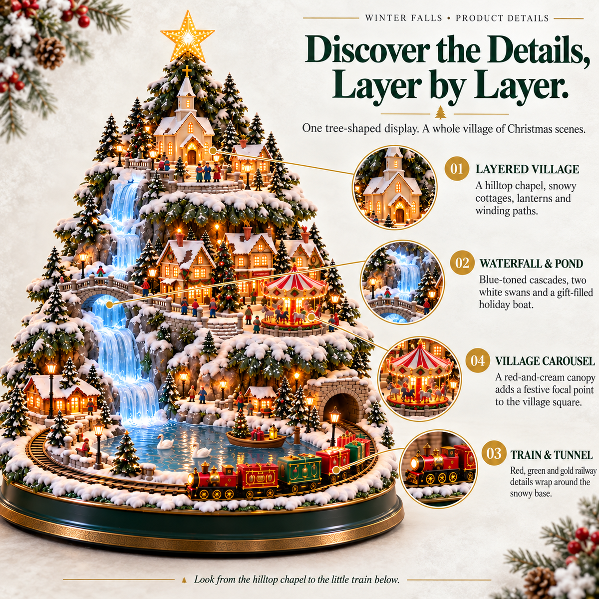 🔥 Last Day 50% OFF 💧Winter Falls — Lighted Christmas Village Tree with Waterfall, Train & Carousel
