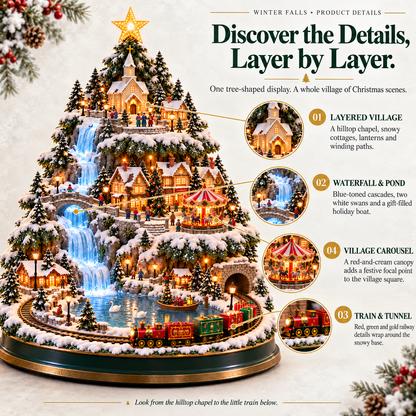 🔥 Last Day 50% OFF 💧Winter Falls — Lighted Christmas Village Tree with Waterfall, Train & Carousel