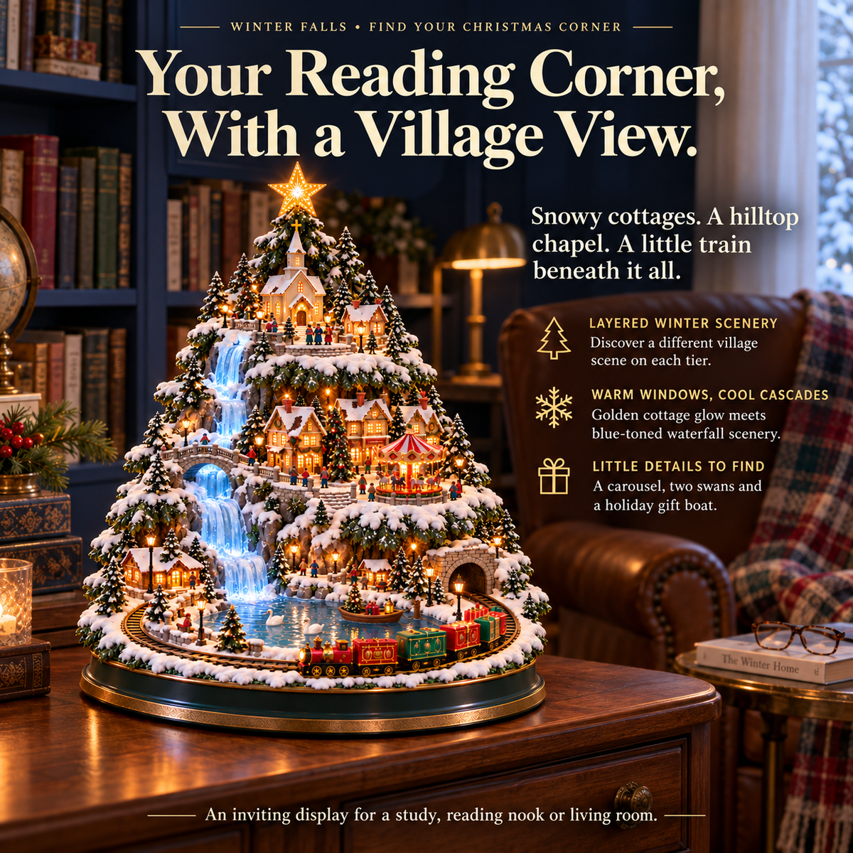 🔥 Last Day 50% OFF 💧Winter Falls — Lighted Christmas Village Tree with Waterfall, Train & Carousel