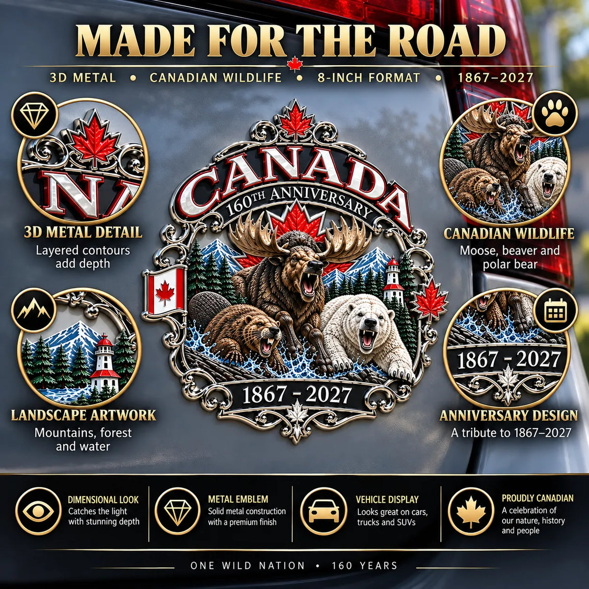⏳ Limited-Time 49% OFF – 🍁 Canada 160th Anniversary 3D Car Emblem | 8-Inch Metal Wildlife Badge, 1867–2027 🇨🇦