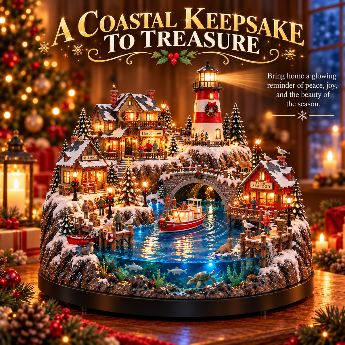 🔥 HOT SALE 49% OFF🔥 Harborlight Christmas™ — Lighted Coastal Village with Lighthouse, Fishing Boat & Underwater Scene ✨
