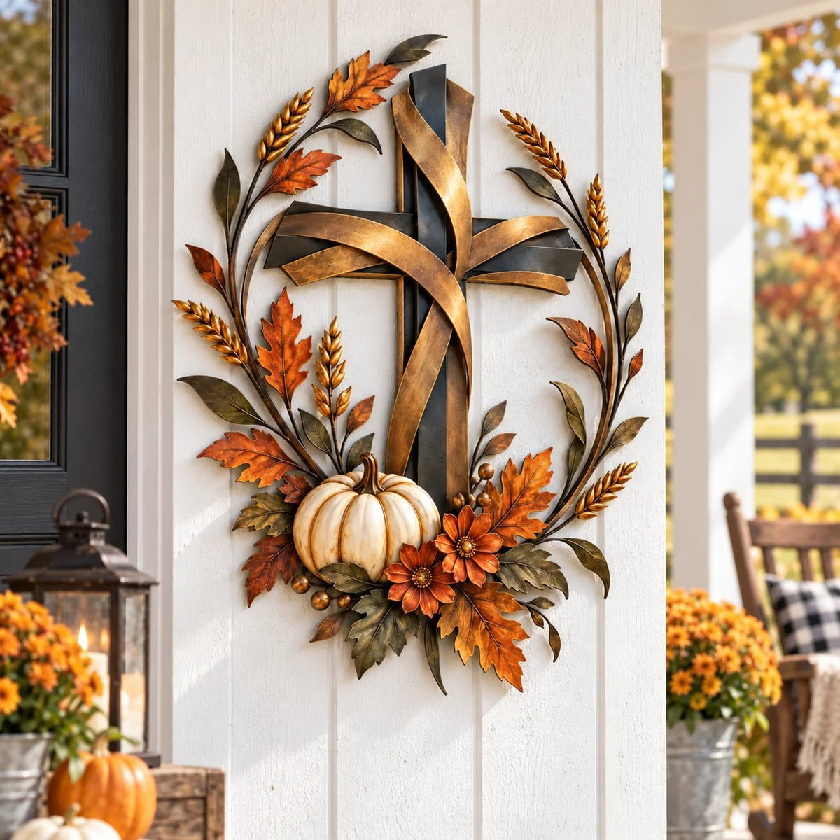 🔥LAST DAY 50% OFF -✝️🍂 Autumn Cross & Pumpkin Harvest Metal Wall Decor