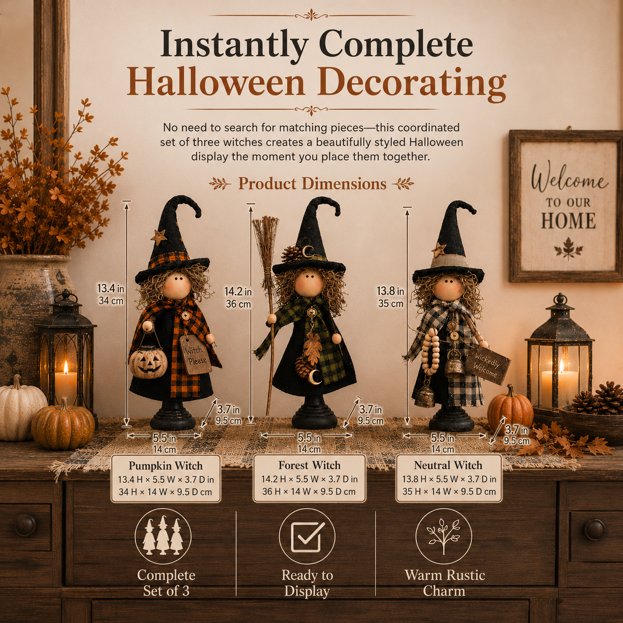 🎃 3-Piece Halloween Witch Figurine Set – Rustic Farmhouse Tabletop Decorations for Fall Home Decor