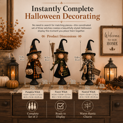 🎃 3-Piece Halloween Witch Figurine Set – Rustic Farmhouse Tabletop Decorations for Fall Home Decor