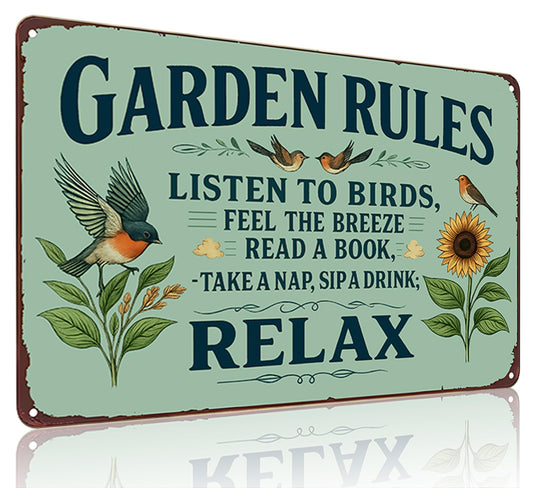 Vintage "Garden Rules" Metal Sign - Relaxing Botanical Outdoor Decor