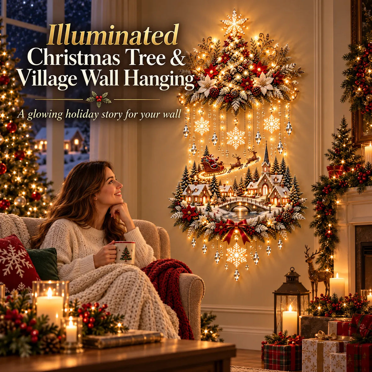 ⏰ LAST DAY 49% OFF - 🎄 Illuminated Christmas Tree & Village Wall Hanging