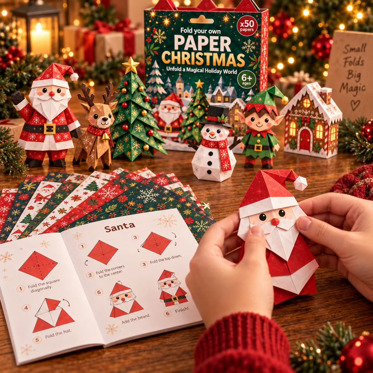 Hands folding Santa Paper Christmas craft