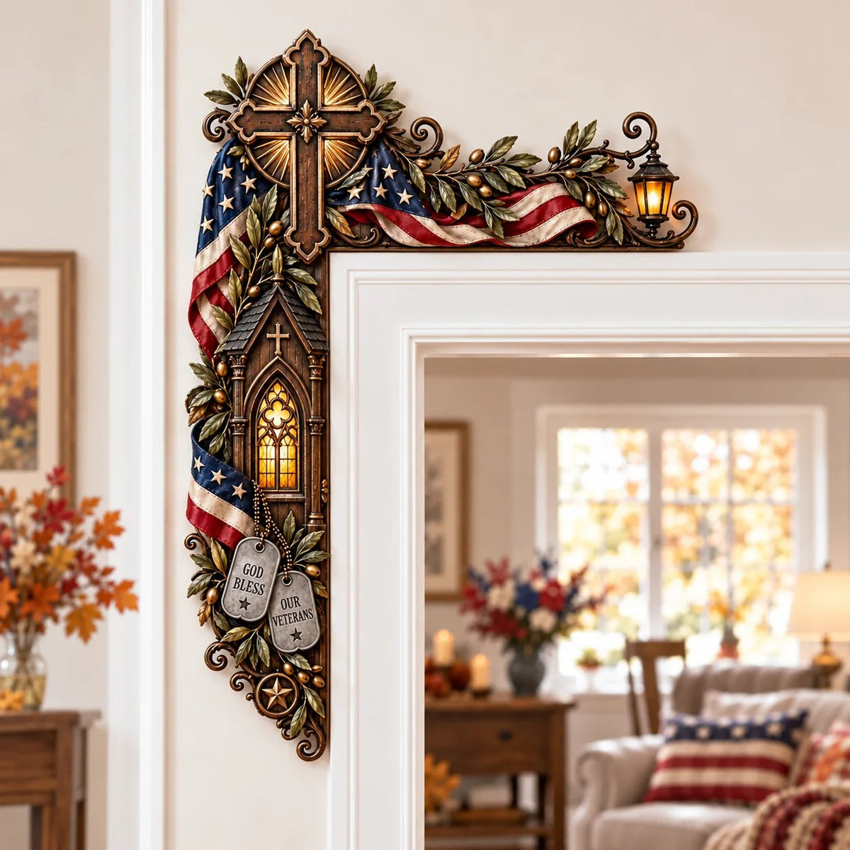 ⏳ Last Day 49% OFF –❤️‍🔥Patriotic American Flag & Cross& Veteran Door Frame Corner Decor
