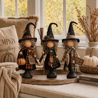 🎃 3-Piece Halloween Witch Figurine Set – Rustic Farmhouse Tabletop Decorations for Fall Home Decor