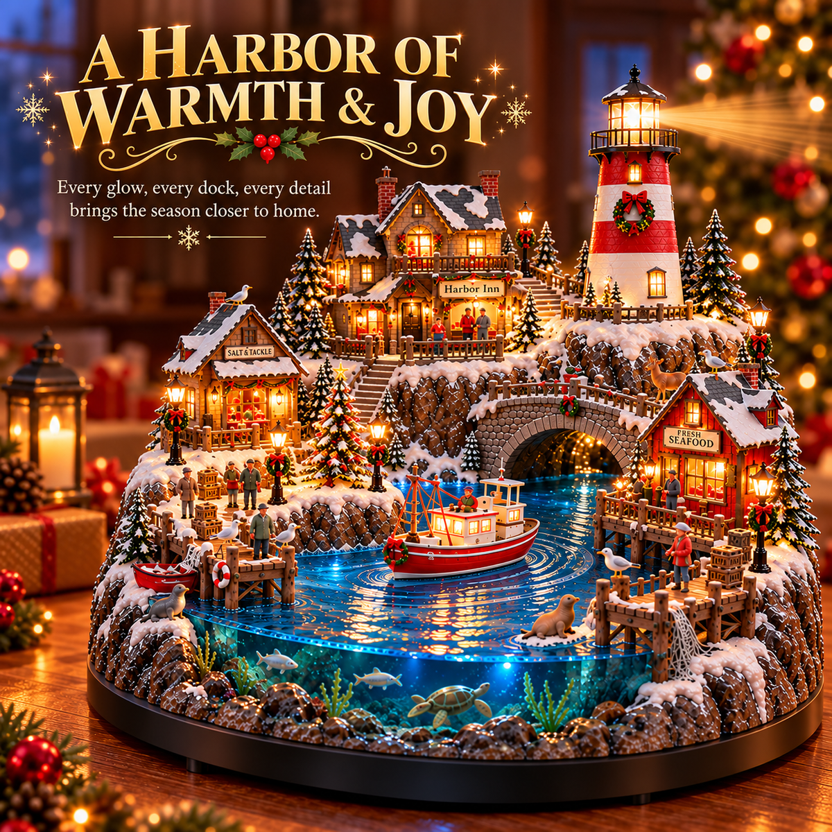🔥 HOT SALE 49% OFF🔥 Harborlight Christmas™ — Lighted Coastal Village with Lighthouse, Fishing Boat & Underwater Scene ✨