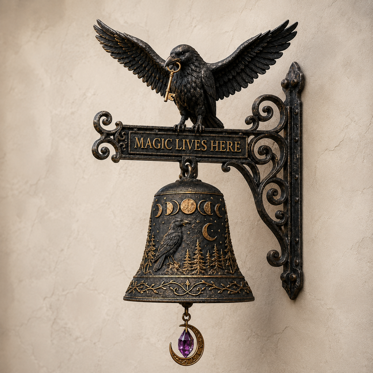 🐦‍⬛🔔 Enchanted Raven Bell – Gothic “Magic Lives Here” Door Decor