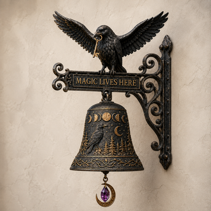 🐦‍⬛🔔 Enchanted Raven Bell – Gothic “Magic Lives Here” Door Decor