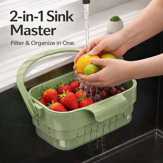 2-in-1 Foldable Sink Colander - Anti-Clog Filter & Organizer