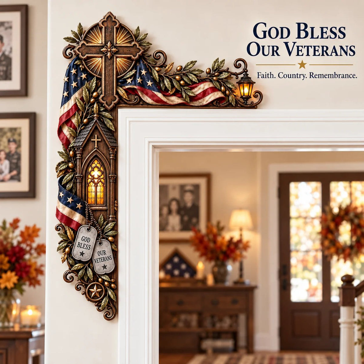 ⏳ Last Day 49% OFF –❤️‍🔥Patriotic American Flag & Cross& Veteran Door Frame Corner Decor