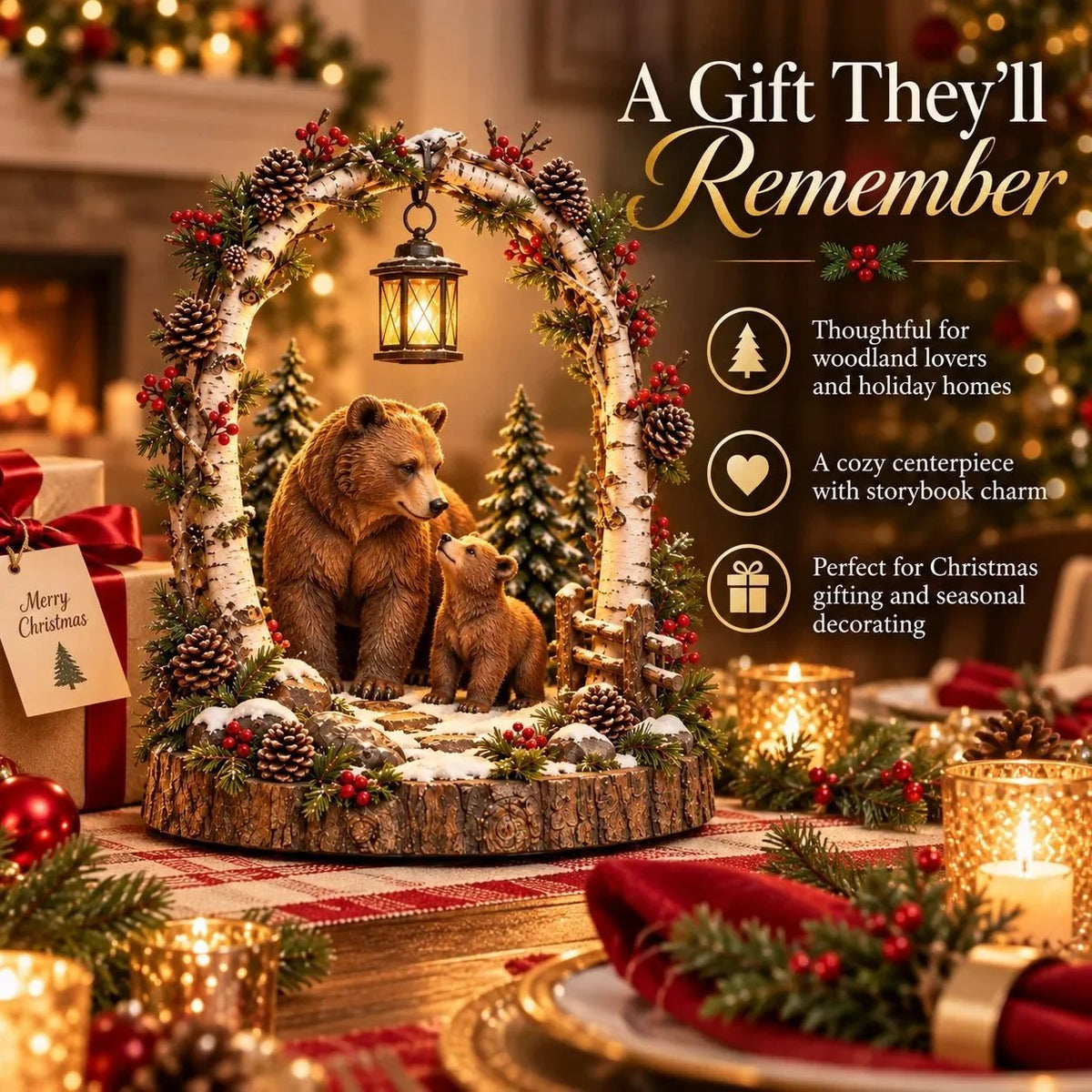 ⏳ Last Day 50% OFF-🐻Woodland Bear Family Lantern – Lighted Christmas Forest Tabletop Decor 🎄