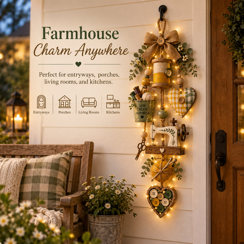 🧵✨ Lighted Sewing Room Hanging Decor – Rustic Farmhouse Craft Lover Wall Ornament