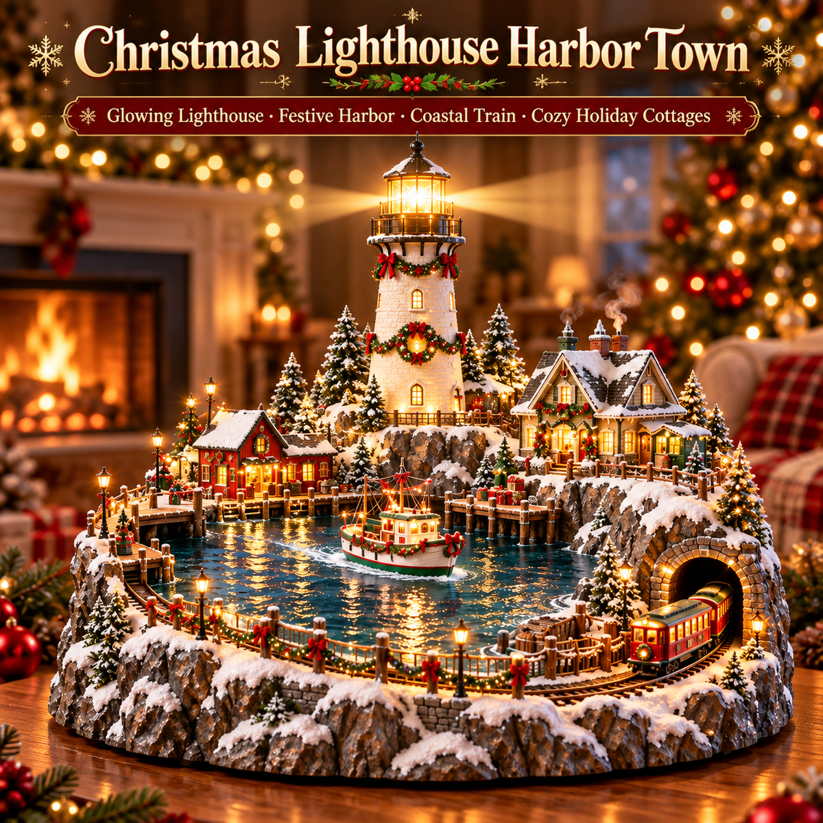 🔥 LAST DAY 49% OFF-🎄Christmas Lighthouse Harbor Village – Light-Up Winter Wonderland