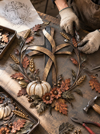 🔥LAST DAY 50% OFF -✝️🍂 Autumn Cross & Pumpkin Harvest Metal Wall Decor