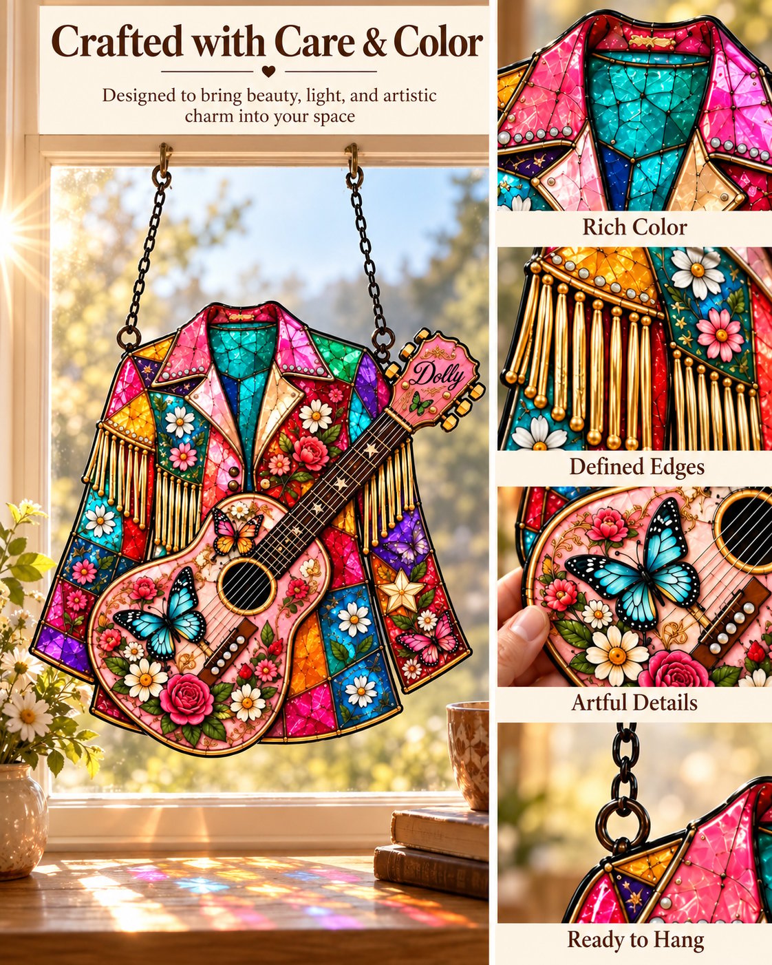 ⏰ LAST DAY 49% OFF - 💃 Handmade Dolly Parton “Coat of Many Colors” Stained Glass Suncatcher