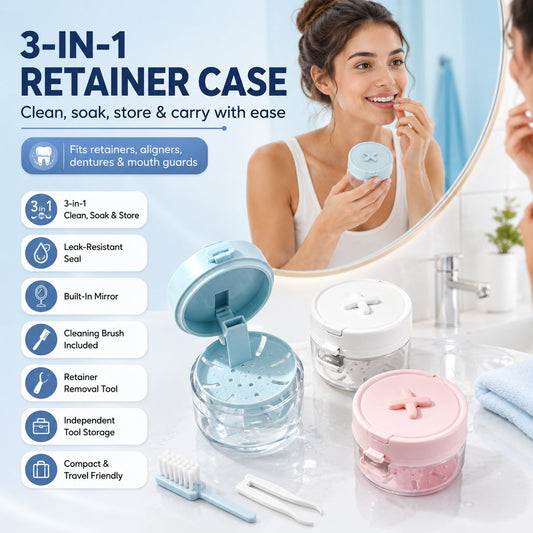 🦷✨3-in-1 Retainer & Denture Cleaning Case- Clean, Soak & Store Your Dental Appliances In One Compact Case