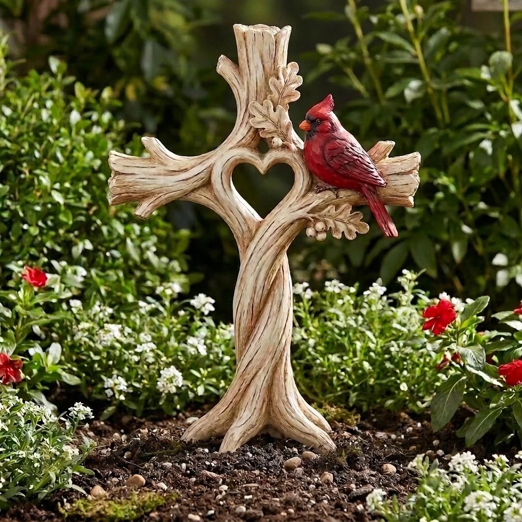 🔥LAST DAY 49% OFF -🐦Cardinal Heart Tree Cross – Hand-Carved Solid Wood Decor