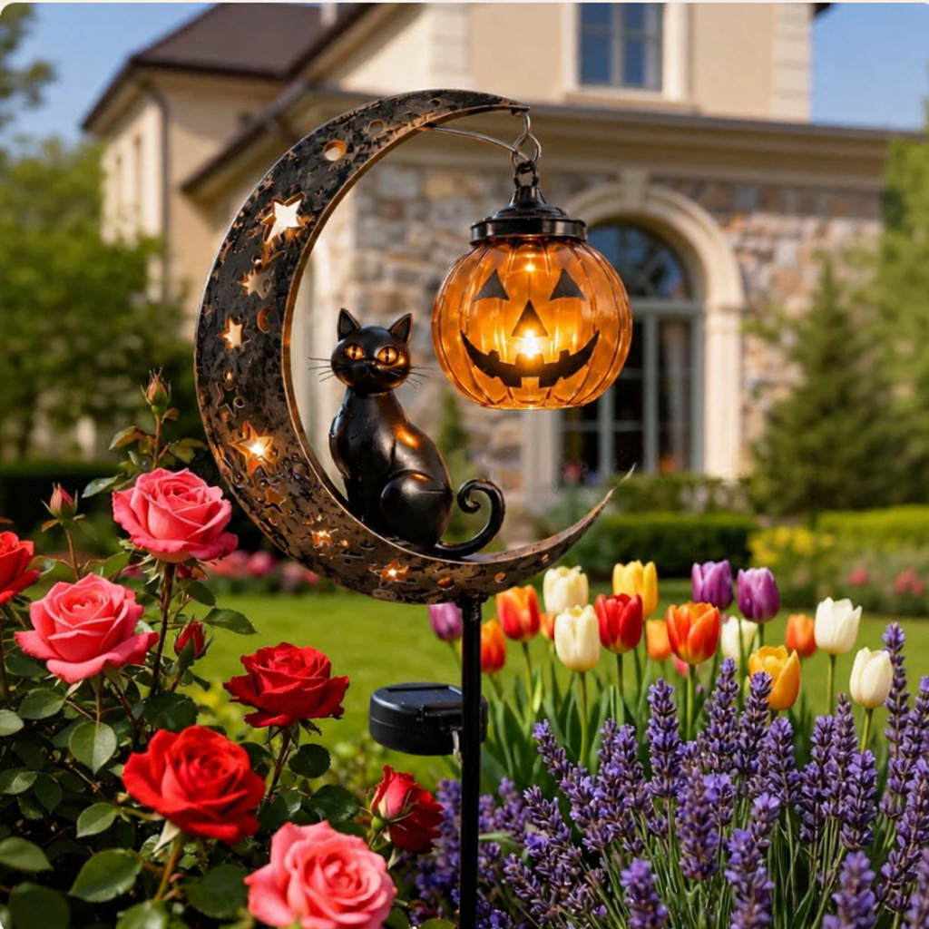 Black Cat & Moon LED Yard Stake – Lighted Outdoor Garden Ground Decoration | Glowing Lawn Ornament for Nighttime Ambiance