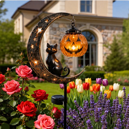 Black Cat & Moon LED Yard Stake – Lighted Outdoor Garden Ground Decoration | Glowing Lawn Ornament for Nighttime Ambiance