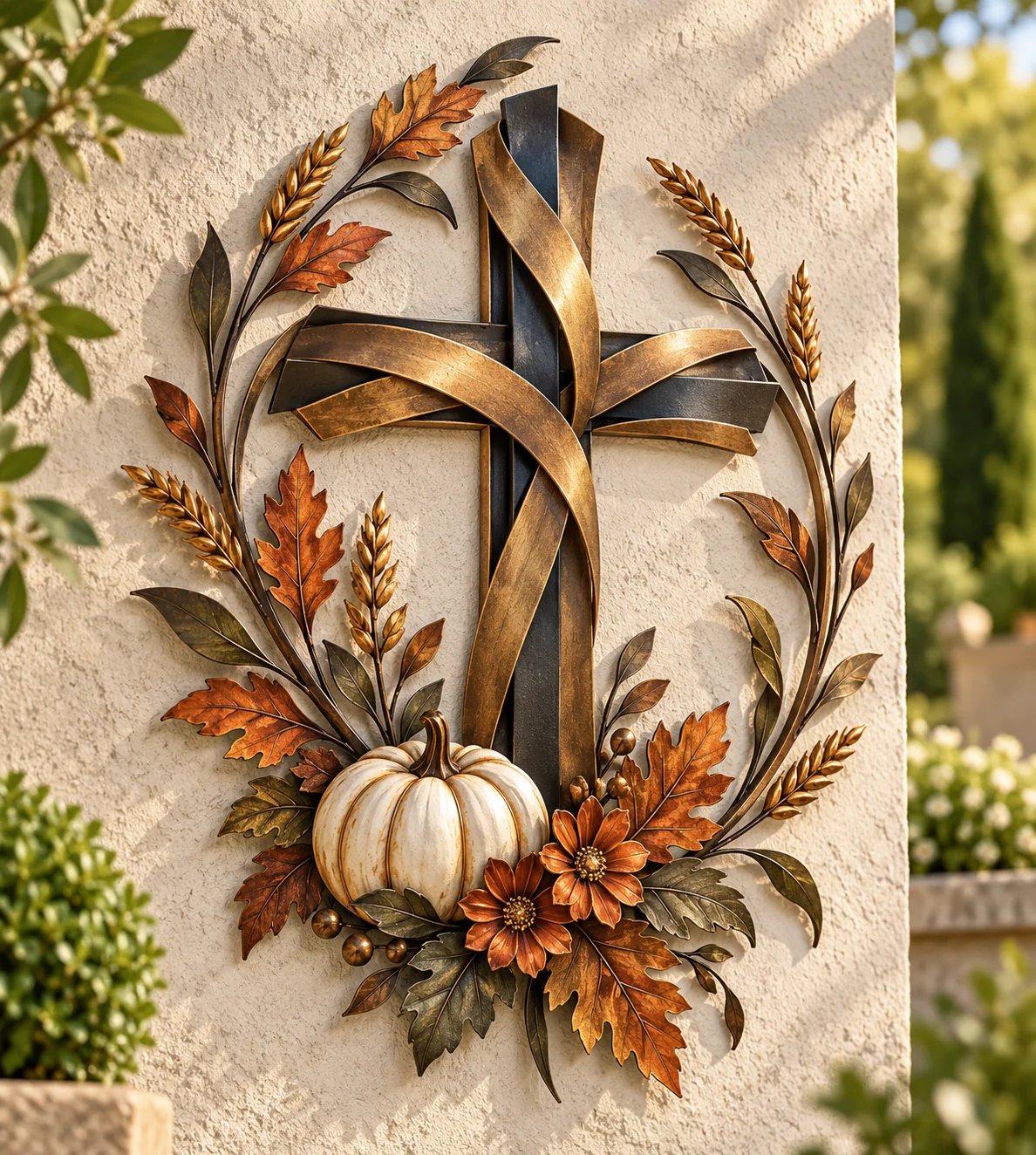 🔥LAST DAY 50% OFF -✝️🍂 Autumn Cross & Pumpkin Harvest Metal Wall Decor