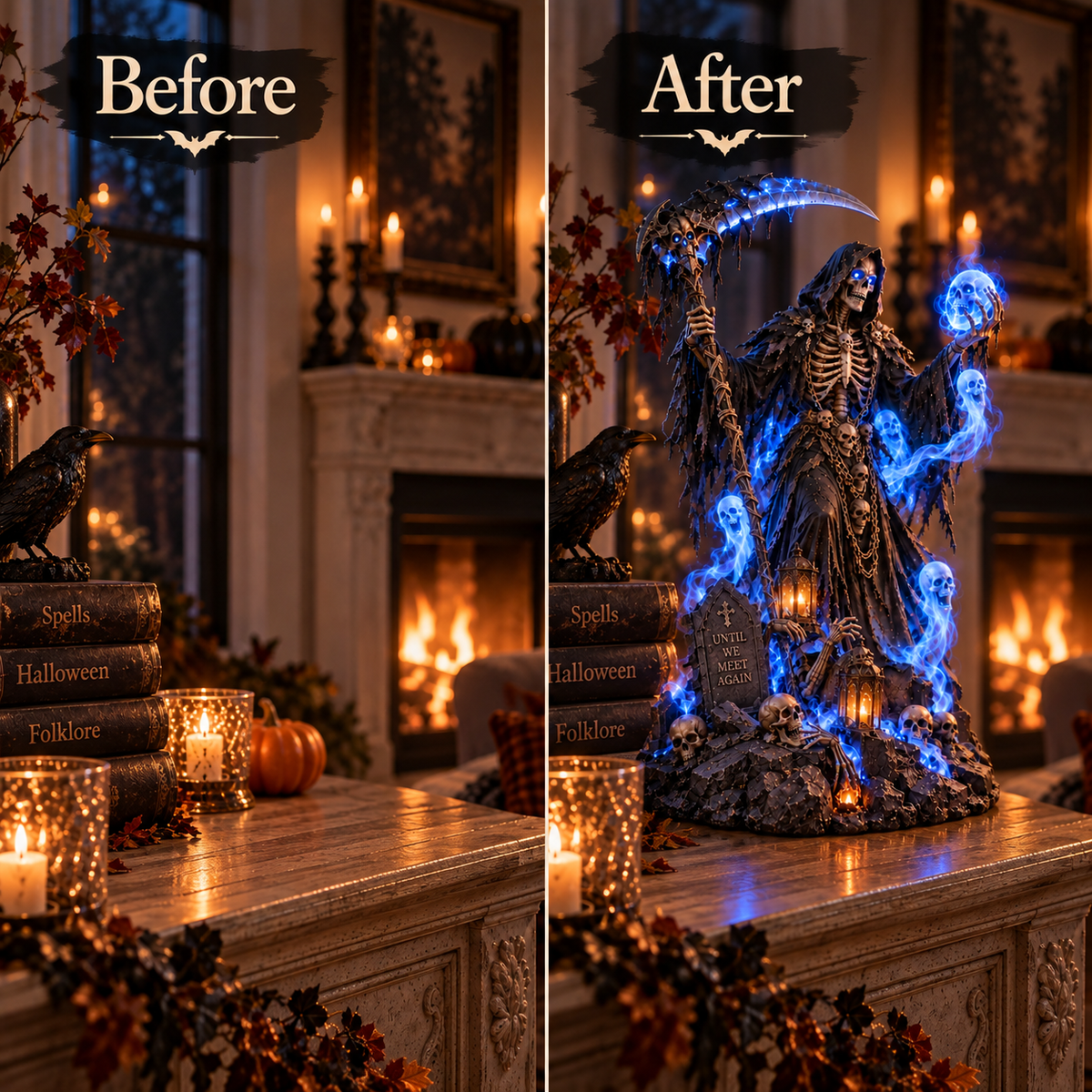 💀 LAST DAY 49% OFF🔥Blue-Light Scythe-Wielding Grim Reaper Skull Statue Lamp