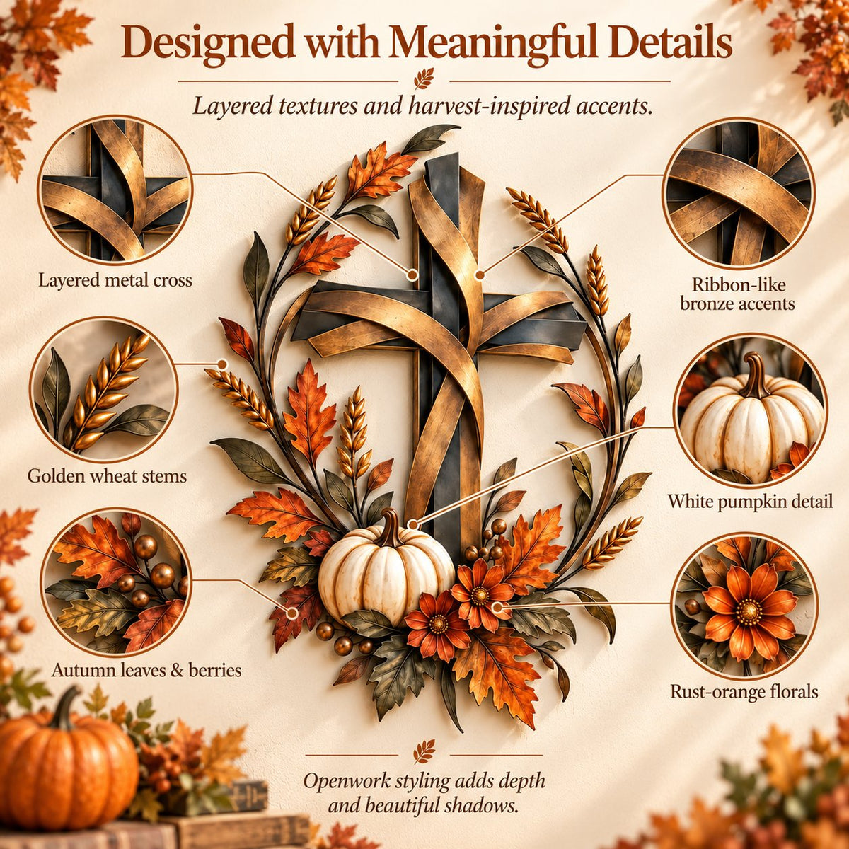 🔥LAST DAY 50% OFF -✝️🍂 Autumn Cross & Pumpkin Harvest Metal Wall Decor